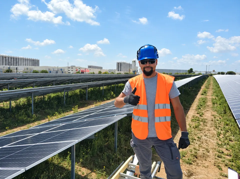 Persona trabajando junto a una instalación solar